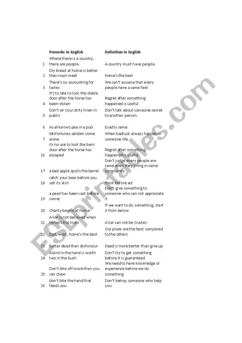 PROVERBS worksheet