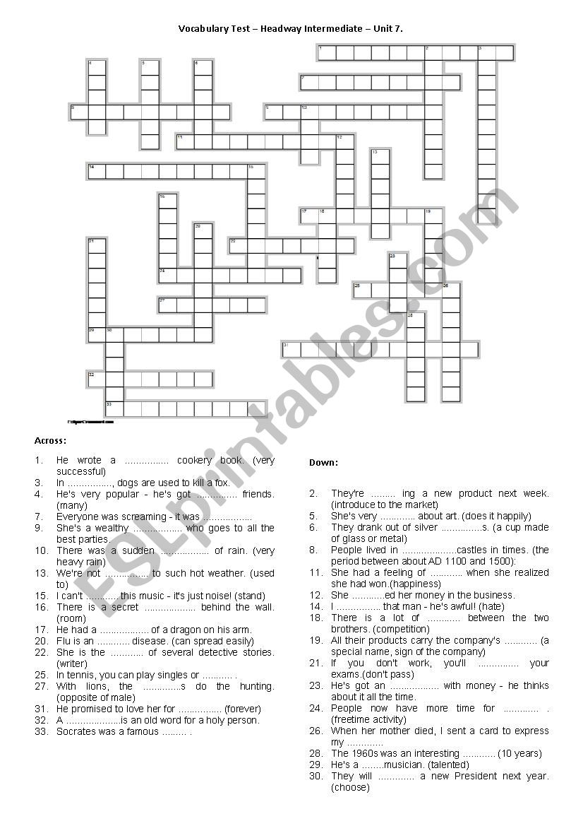 Vocabulary Test  Headway Intermediate  Unit 7.