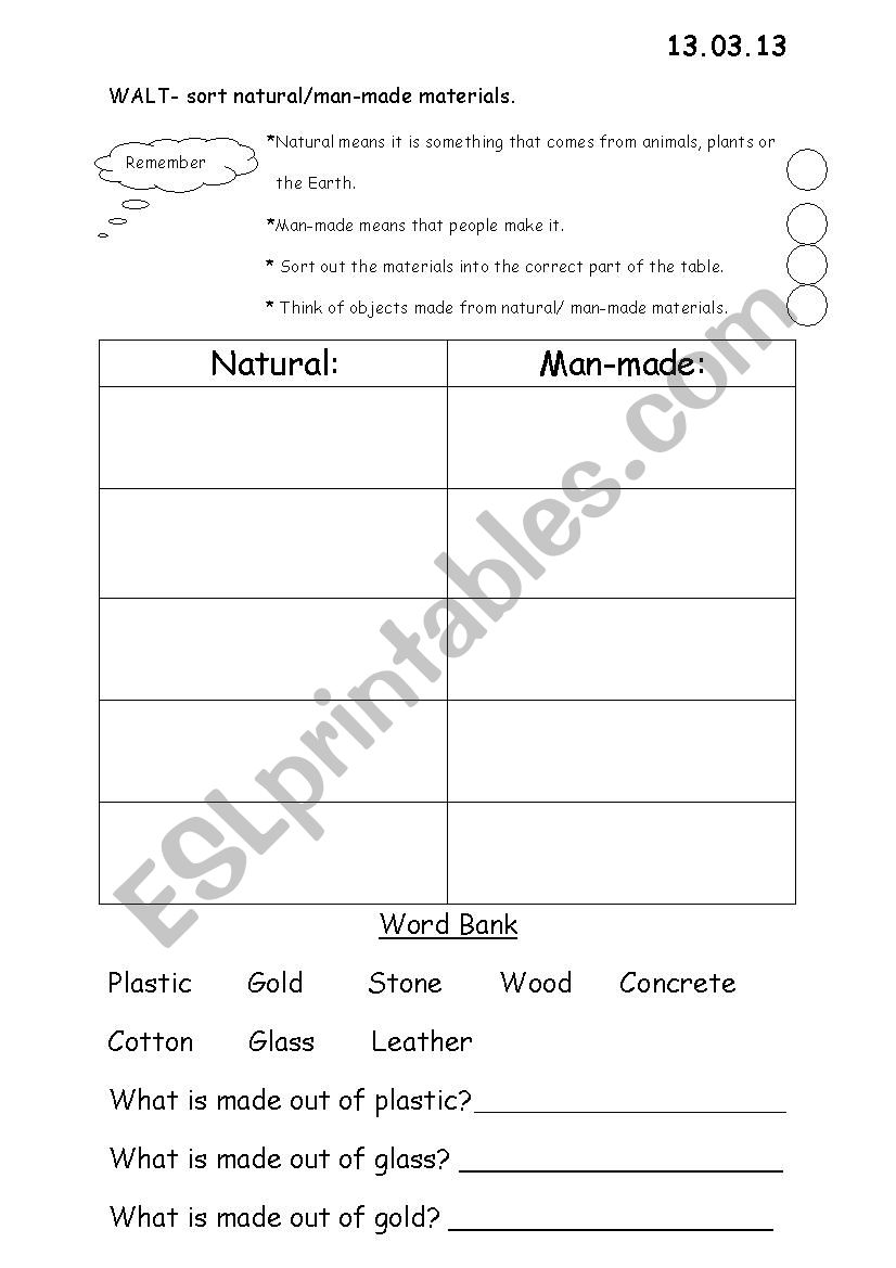 Sorting materials  worksheet