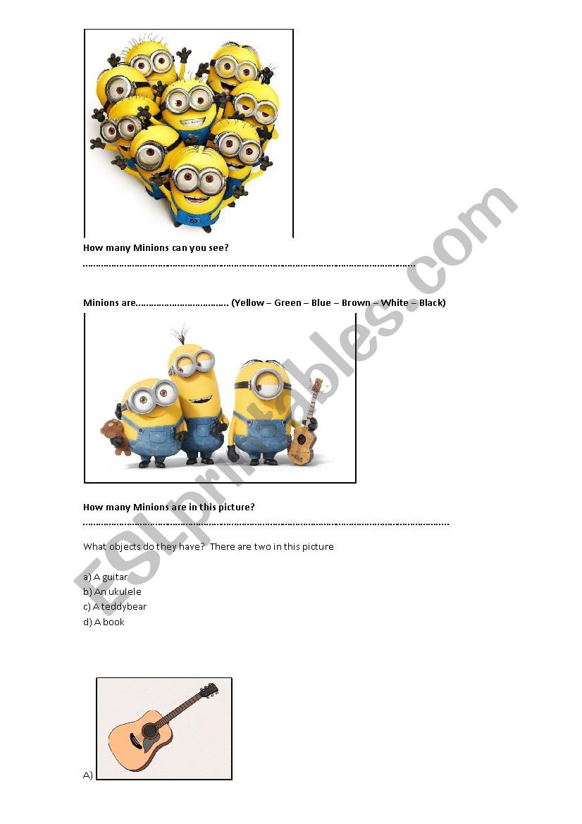 Activity with minions for young learners, colours, numbers and identifying objects