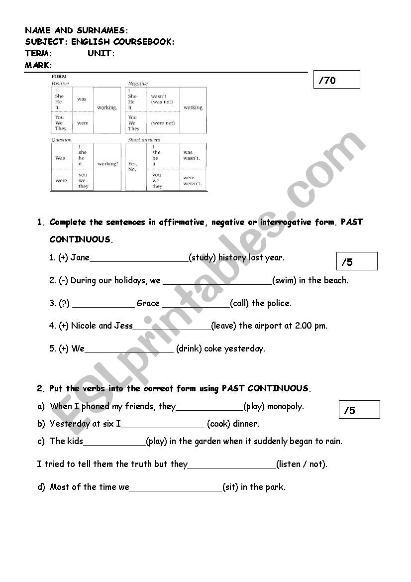 Past simple and past continuous test