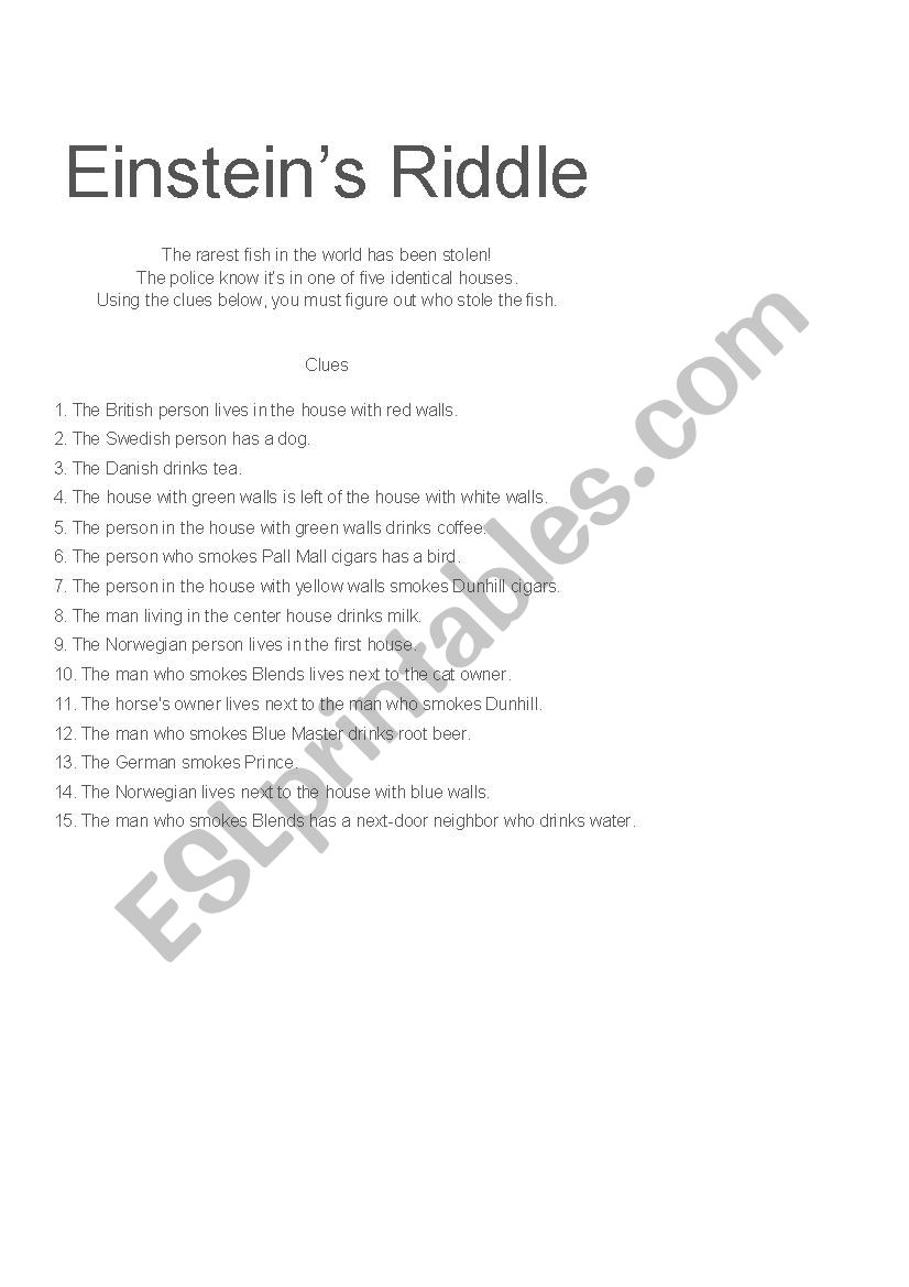 Einsteins Riddle worksheet