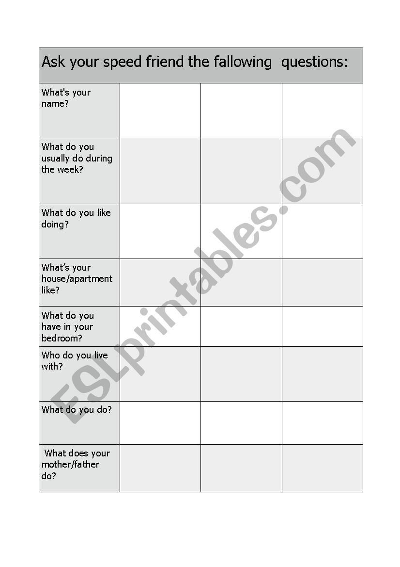 Speed Friends worksheet