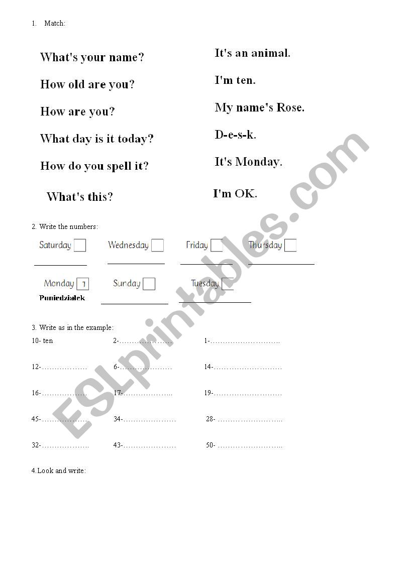 Days of the week, numbers, vocabulary - ESL worksheet by asiula2501