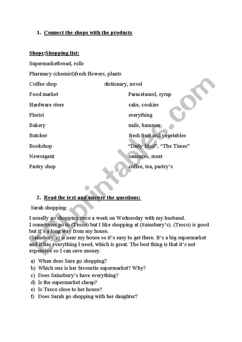 Shopping worksheet