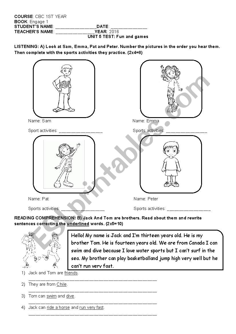 Sports activities worksheet