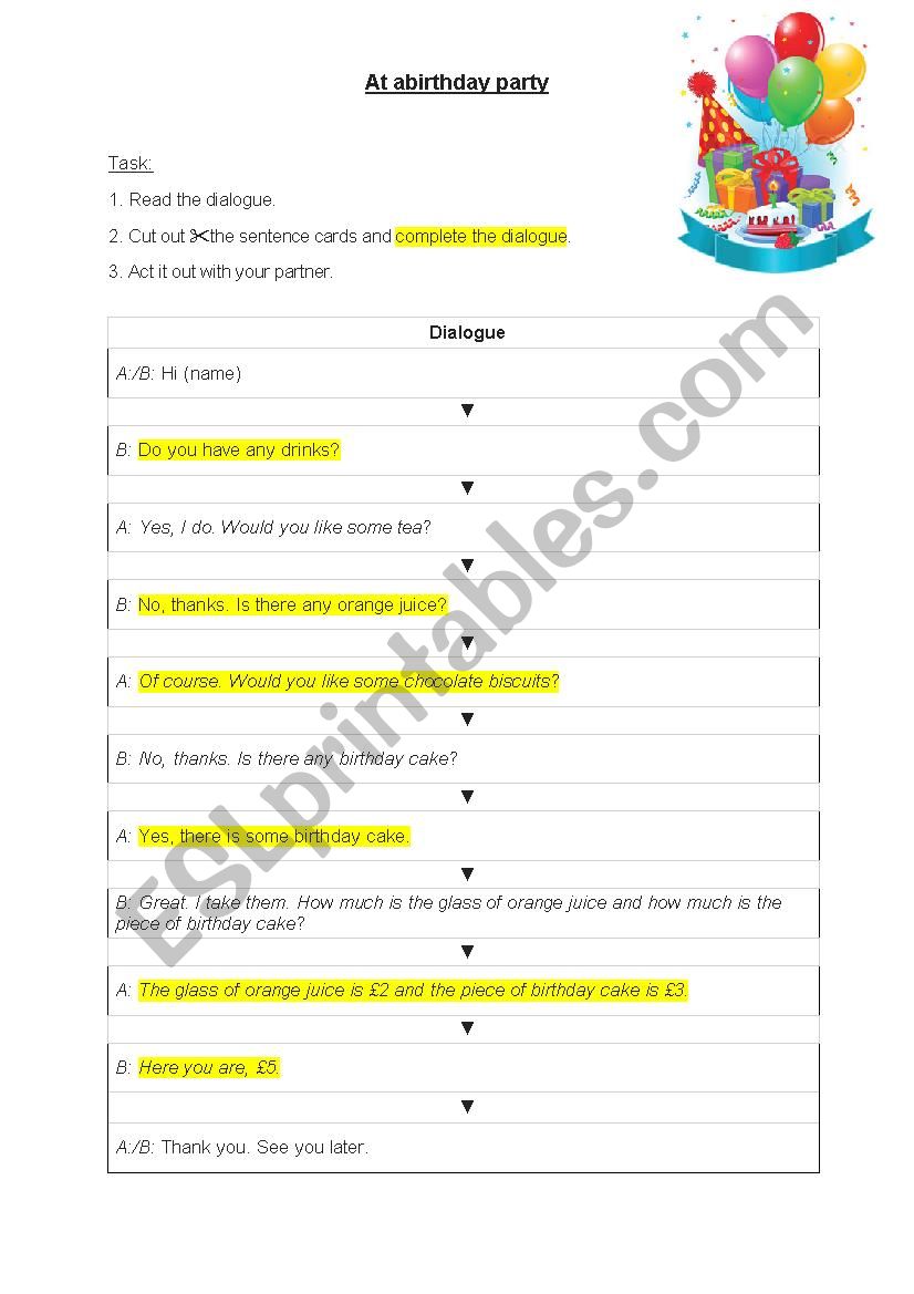 At a birthday party- dialogue worksheet