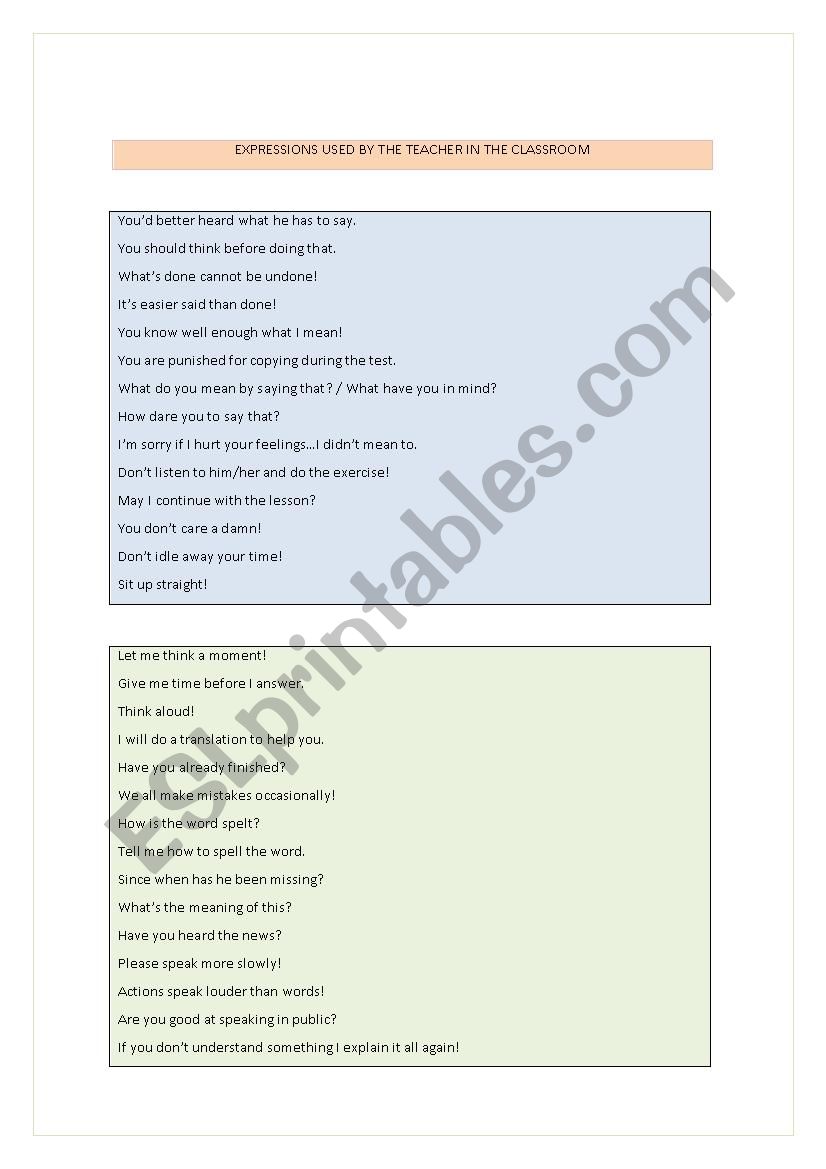 Expressions used by the teacher in the classroom