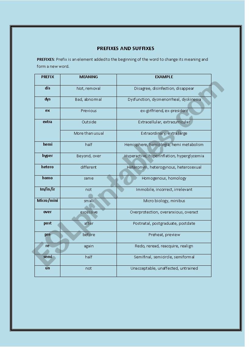prefixes and suffixes - ESL worksheet by ambreen habib