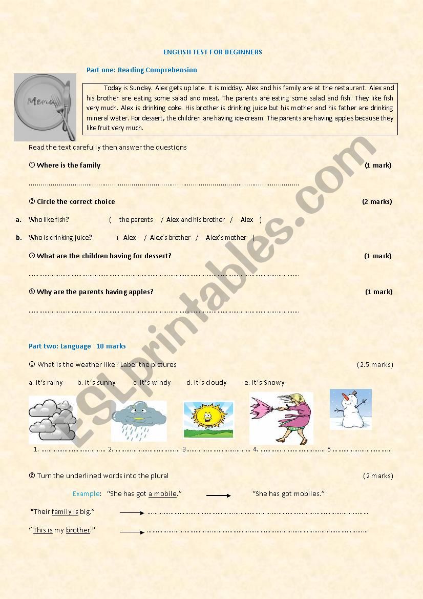 ENGLISH TEST FOR BEGINNERS worksheet