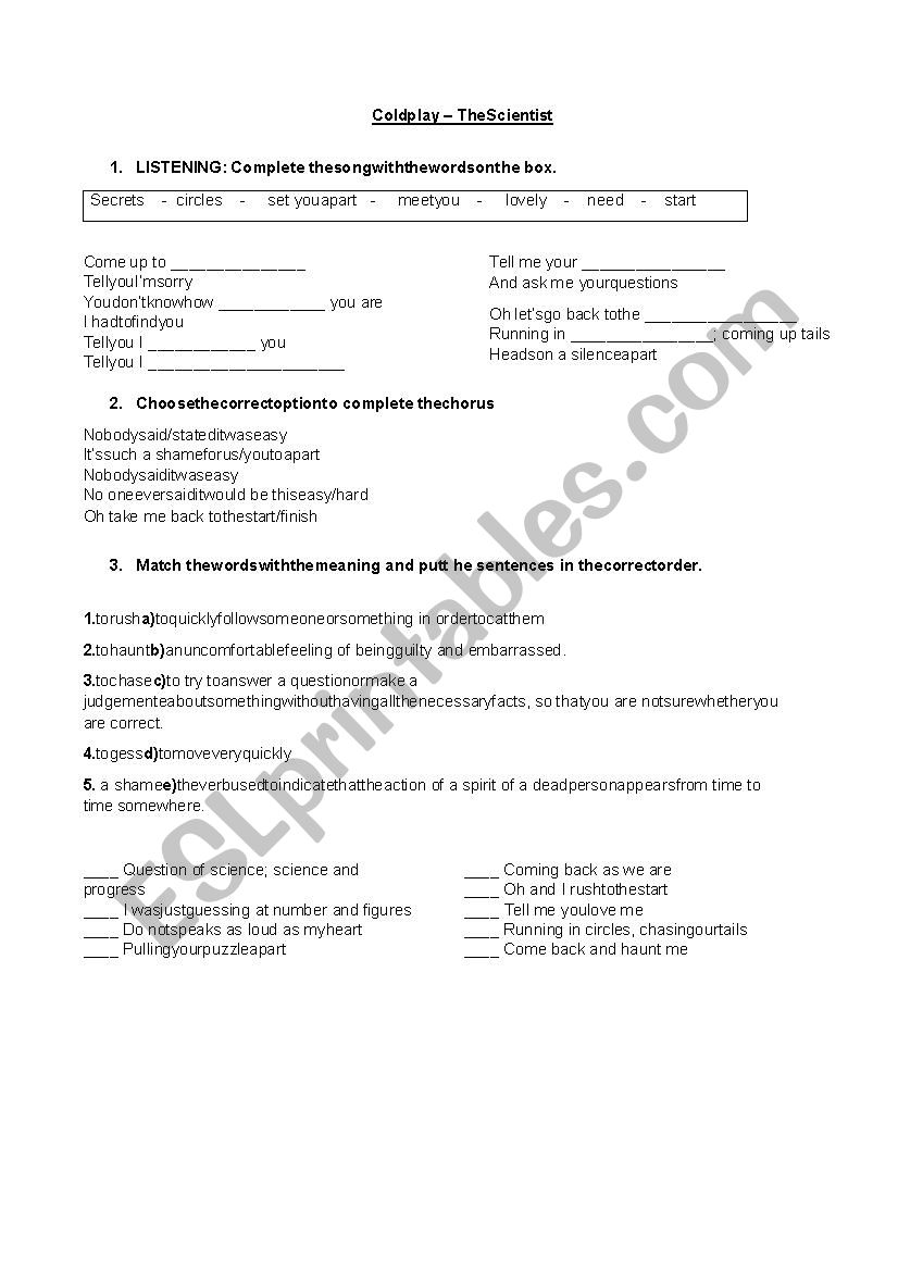 The Scientist - Coldplay worksheet