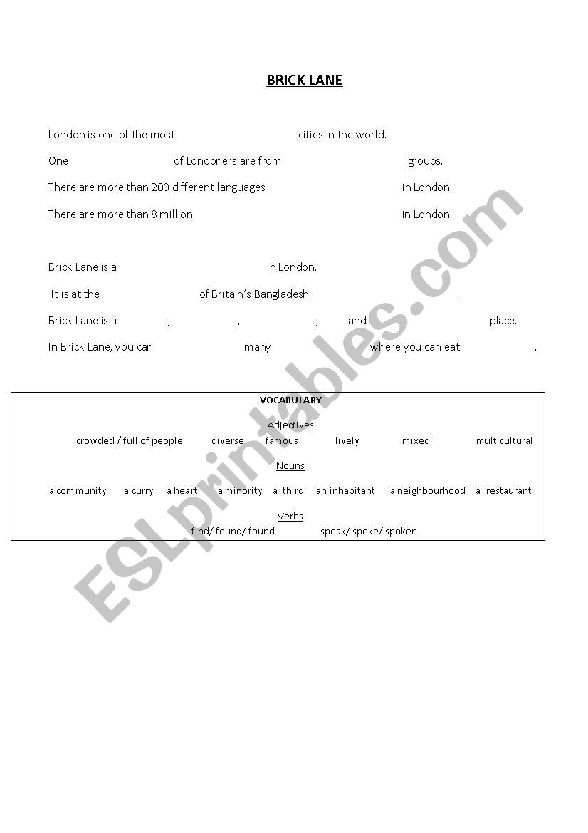 Brick Lane Fill in the blanks worksheet