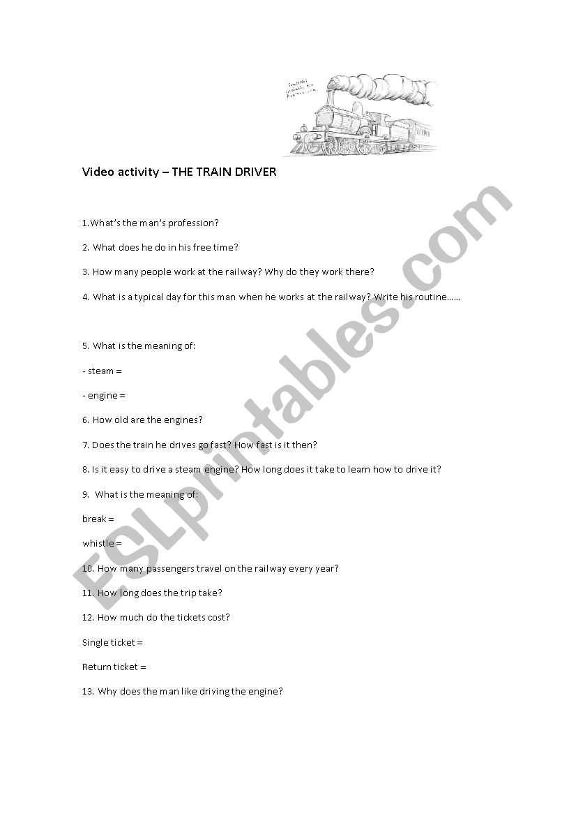 video - the train driver worksheet