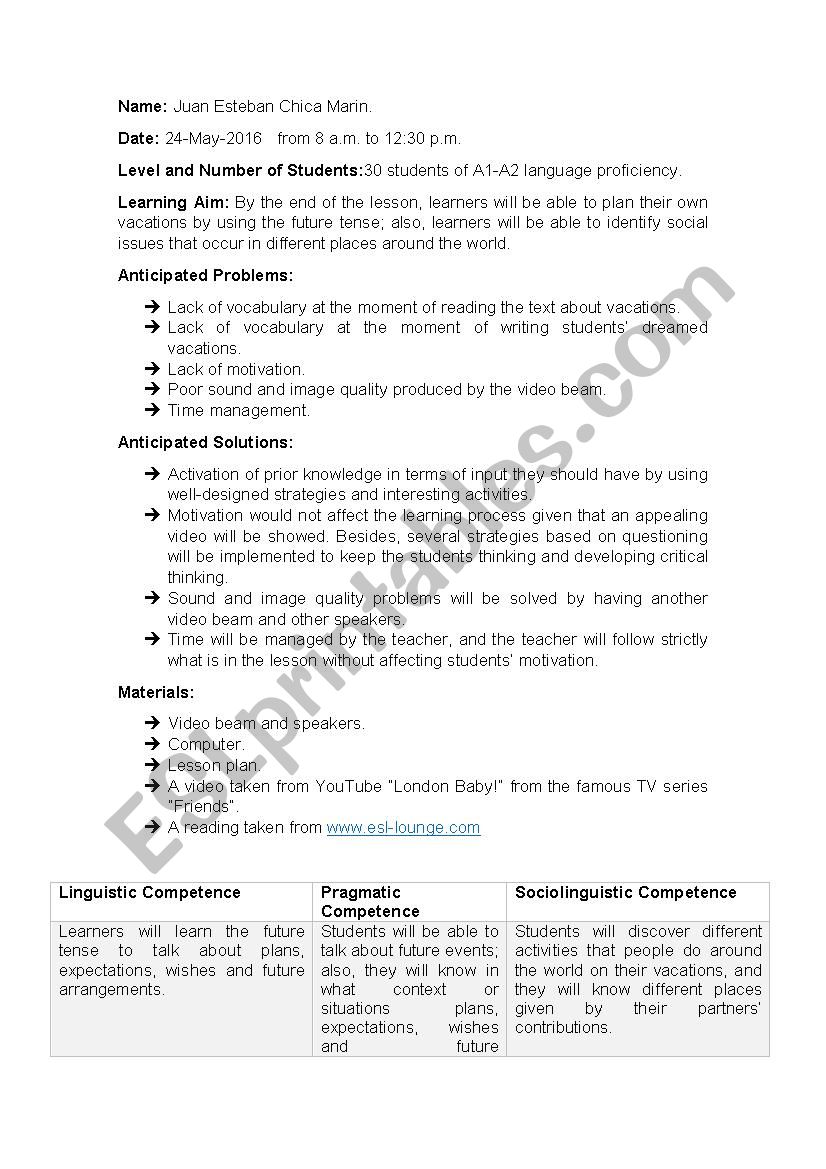 Lesson plan - Vacations 4 skills