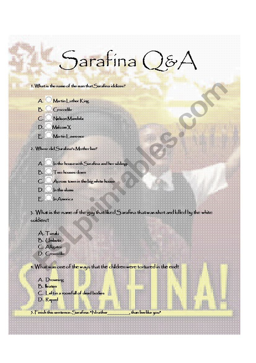 Sarafina Movie questions worksheet