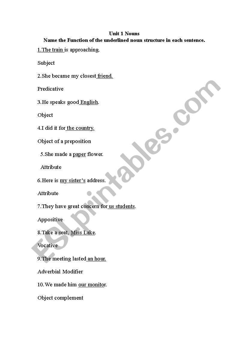 the function of nouns in a sentence esl worksheet by cathywang5