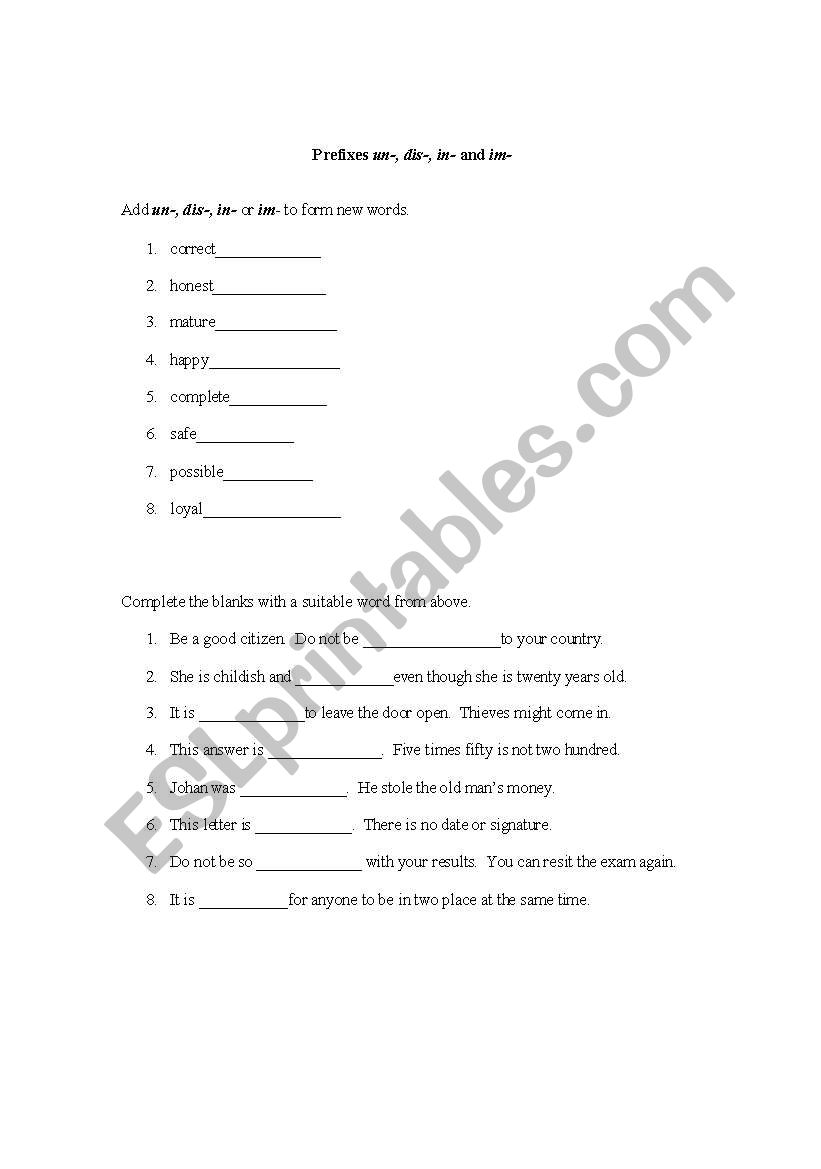 Prefix worksheet