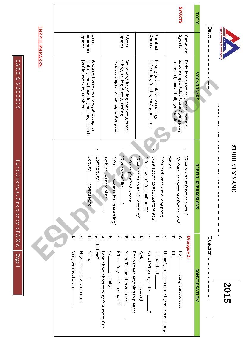 SPORT worksheet