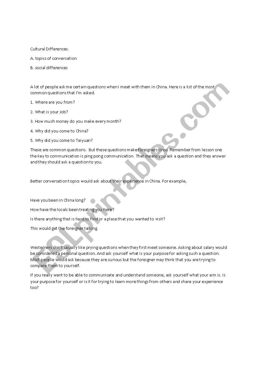 Cultural Differences worksheet