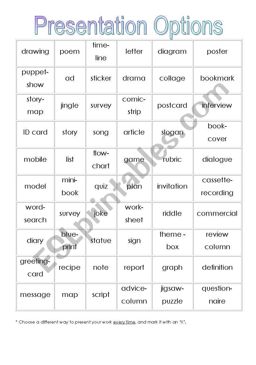 Presentation Options worksheet