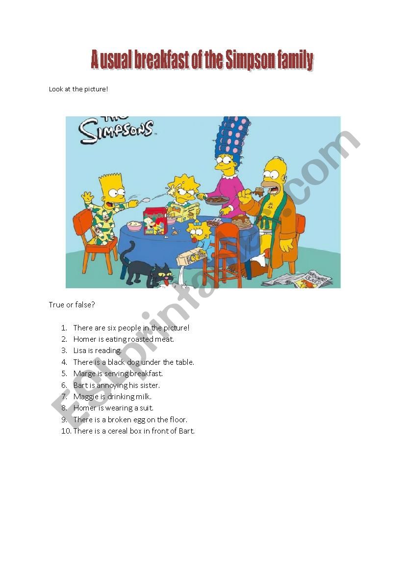 The Simpsons breakfast worksheet
