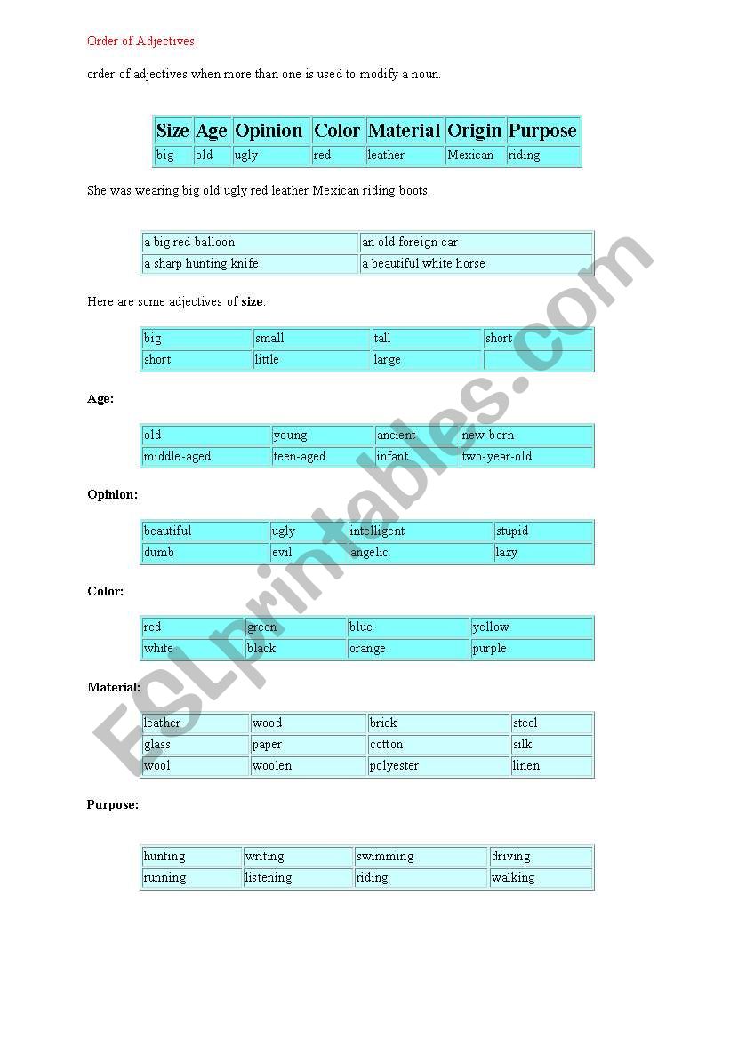 order of adjectievs worksheet