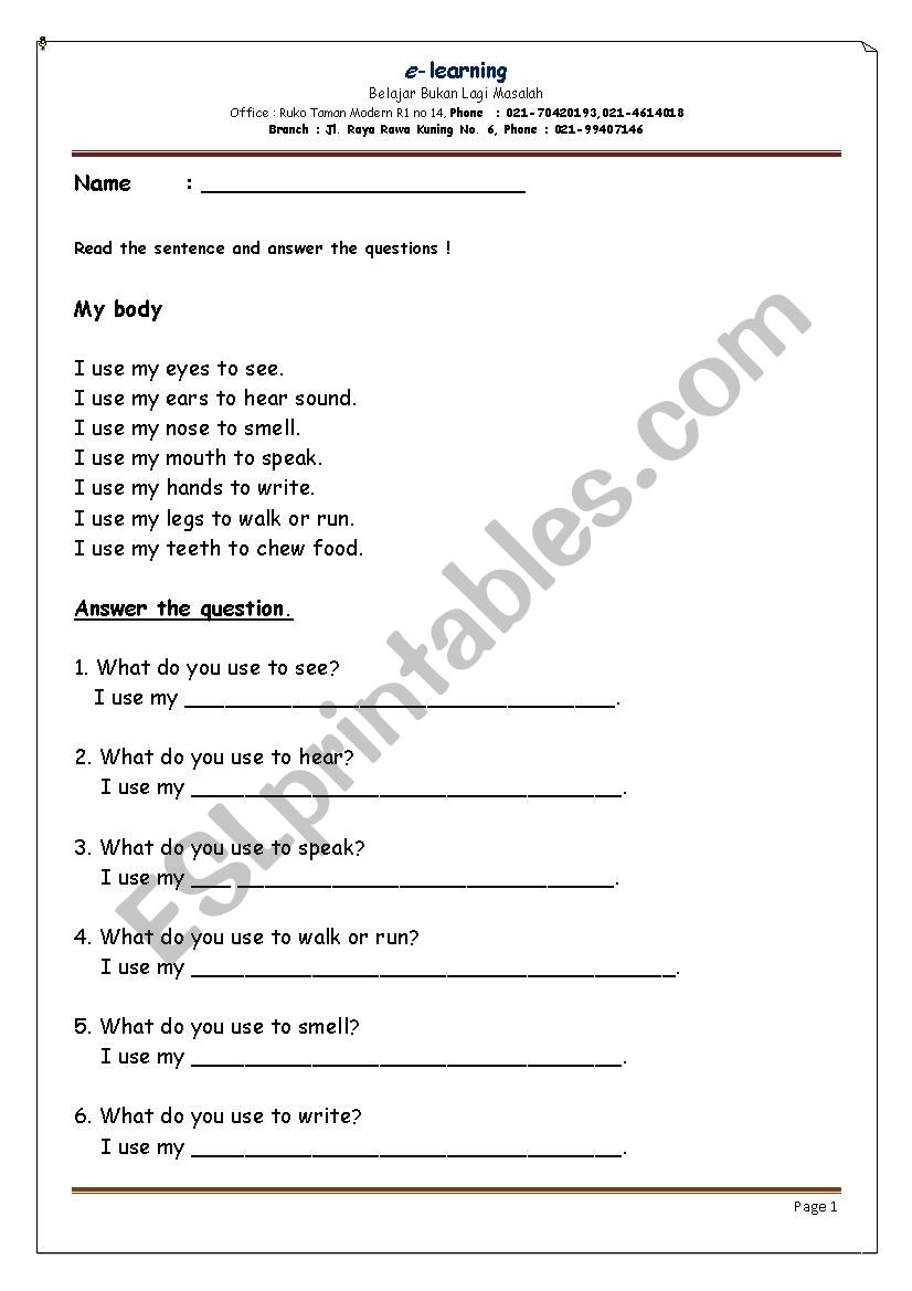 Reading : My body worksheet