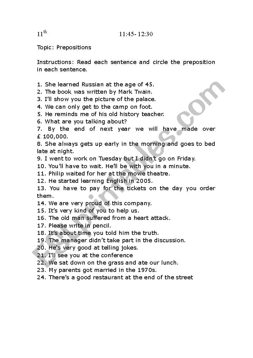 PREPOSITIONS worksheet