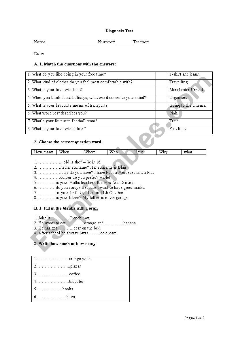 Diagnosis test worksheet