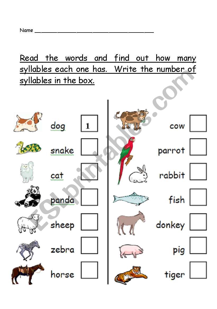 phonological awareness - number of syllables worksheet - animal theme