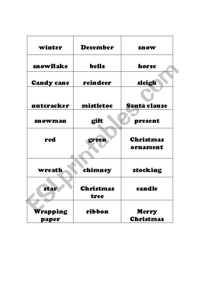 Bingo (winter words) worksheet