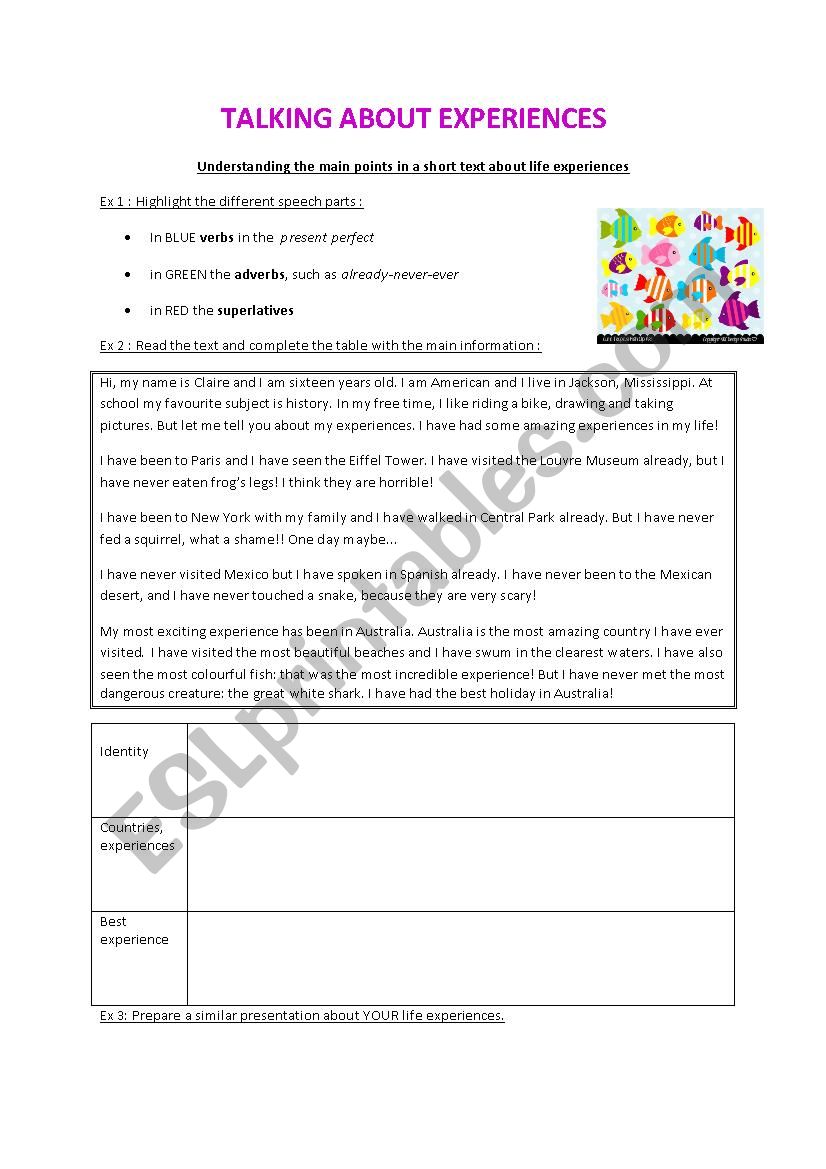 Talking about Experiences worksheet