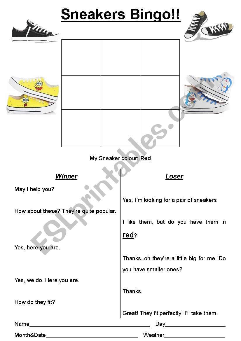 Sneakers Bingo worksheet