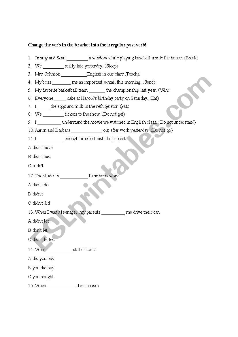 Irregular past verbs worksheet