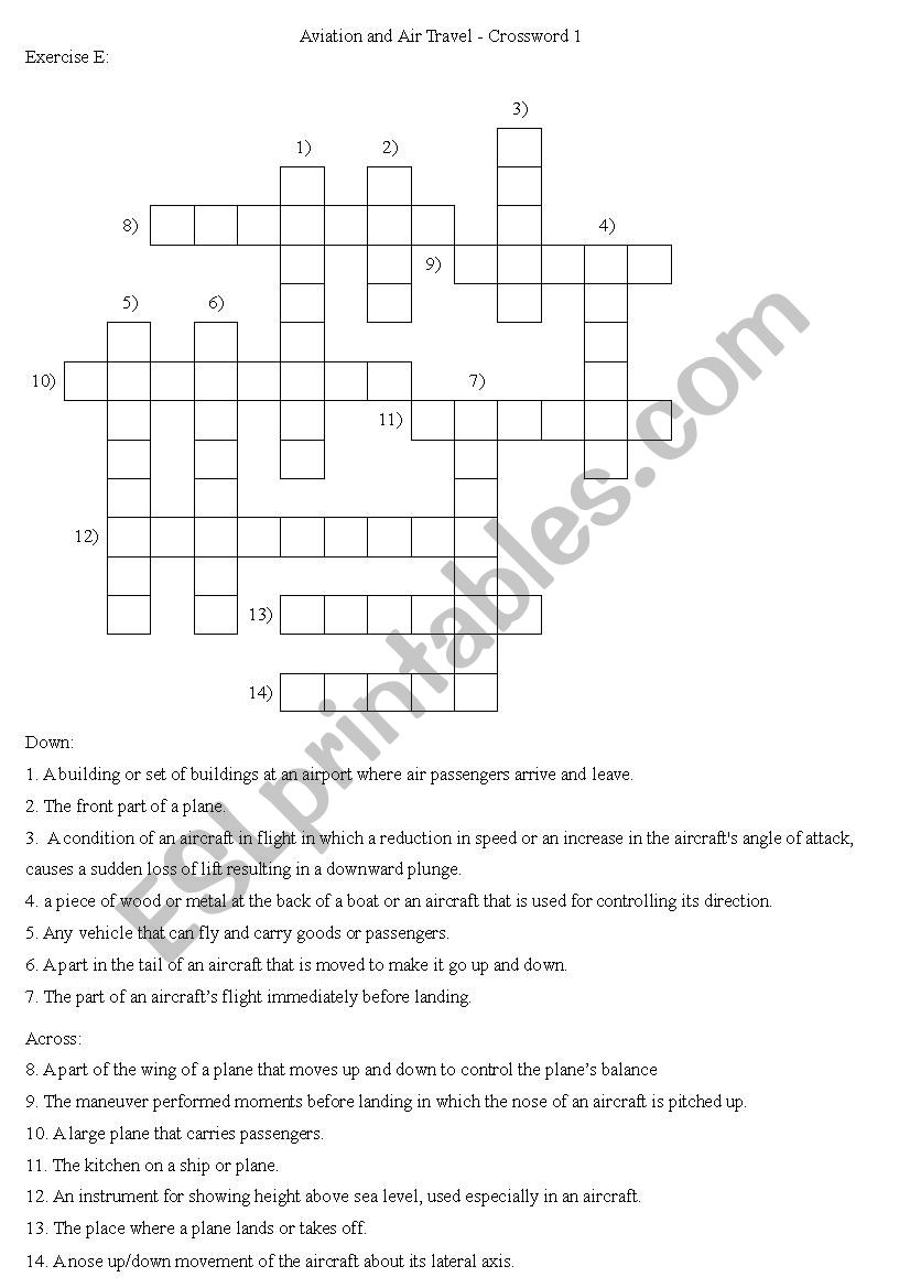 Aviation and Air Travel Crossword 1 ESL worksheet by falco