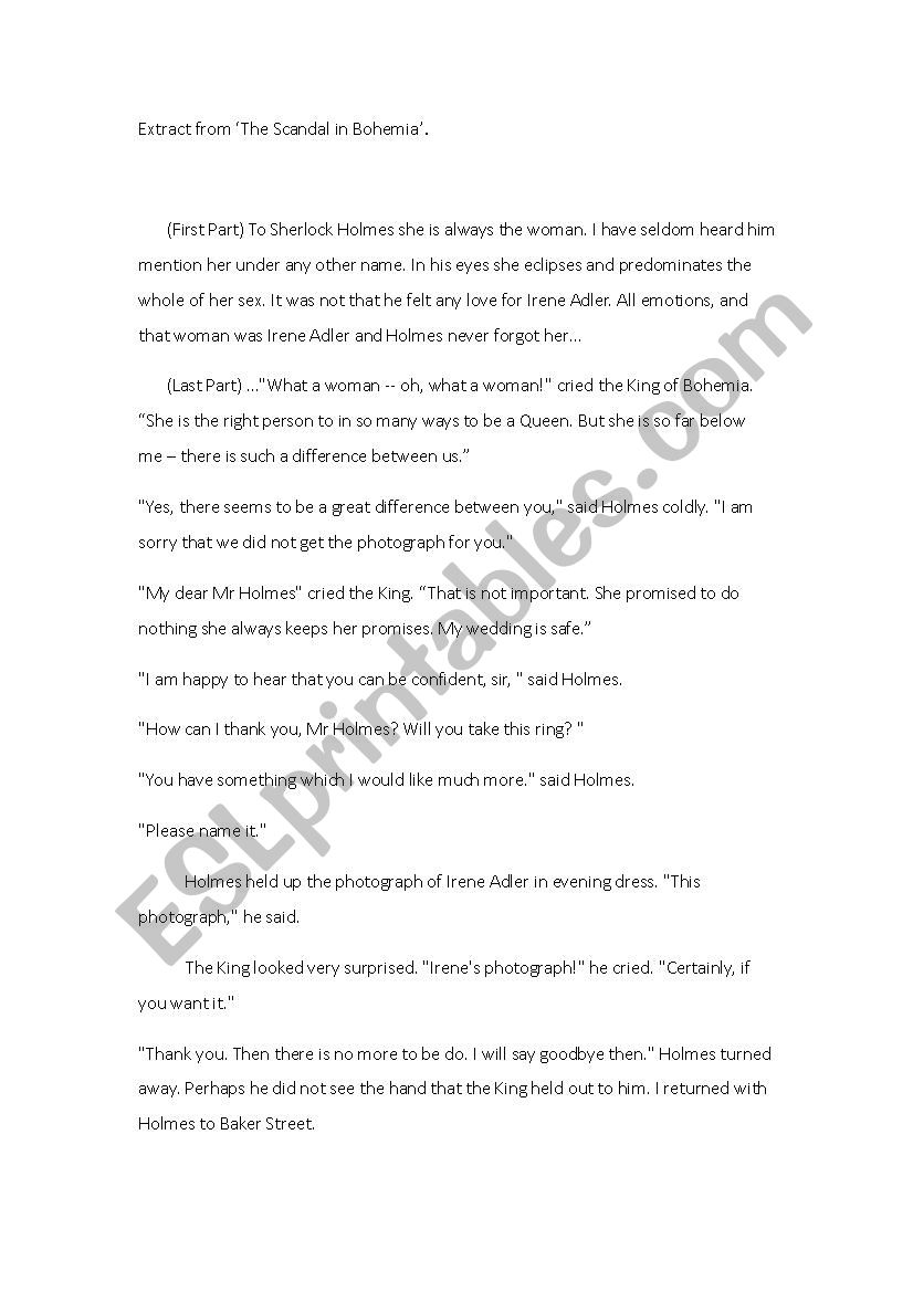 reading comprehension worksheet (extract from Sherlock Holmes)