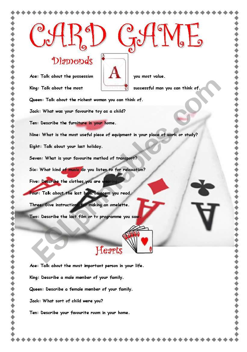 card game worksheet