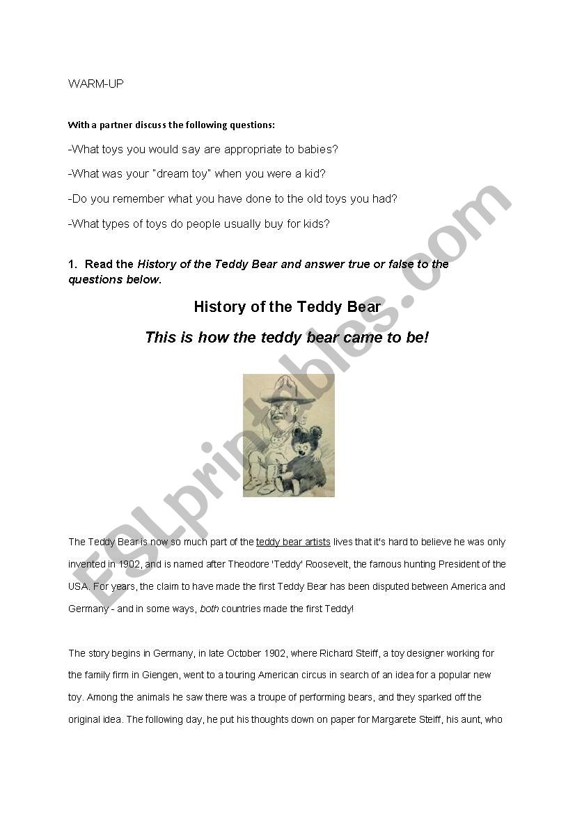 The History of teddy bears  worksheet