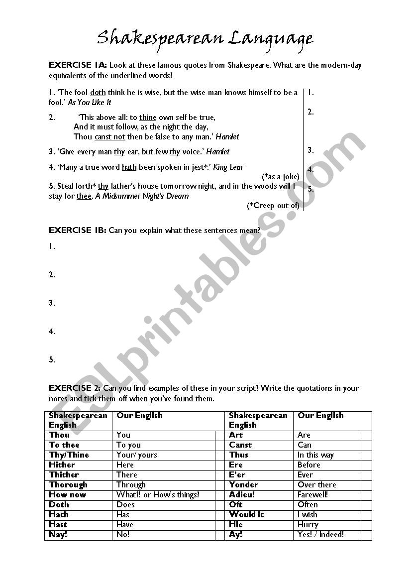 Shakespearean Language - ESL worksheet by stafkban