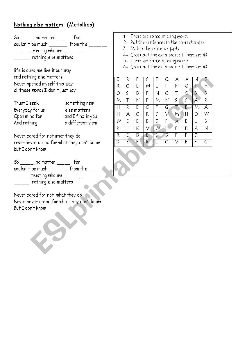 Song: Nothing else matters worksheet