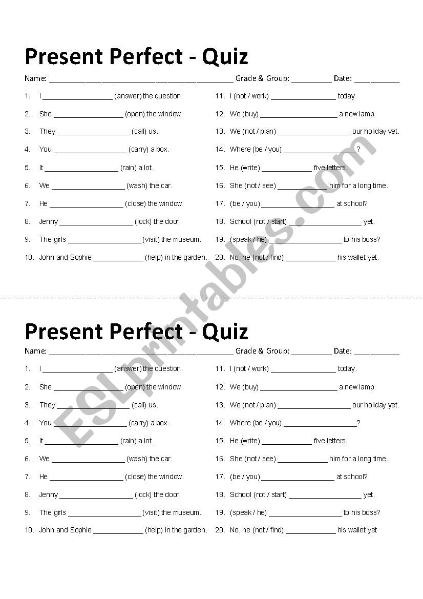 Present Perfect Quiz ESL Worksheet By Frank chavira