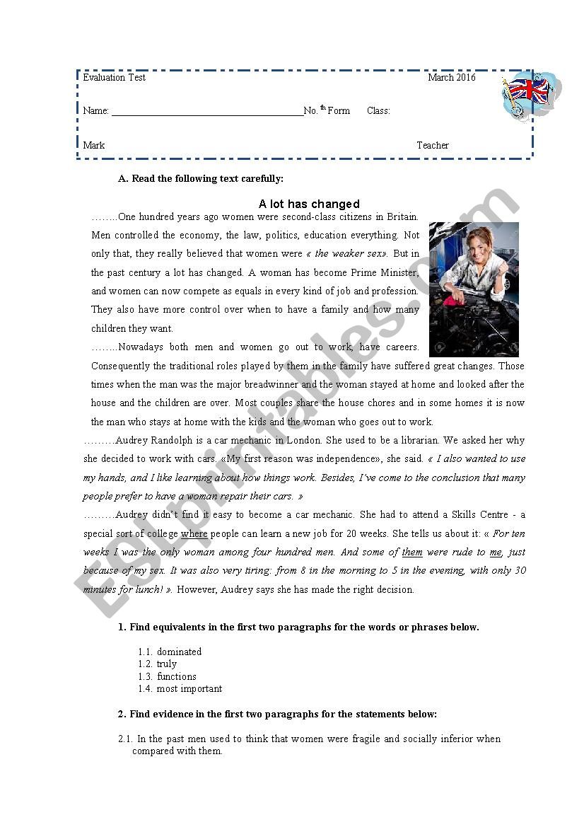 Test about women´s jobs - ESL worksheet by maamendonca