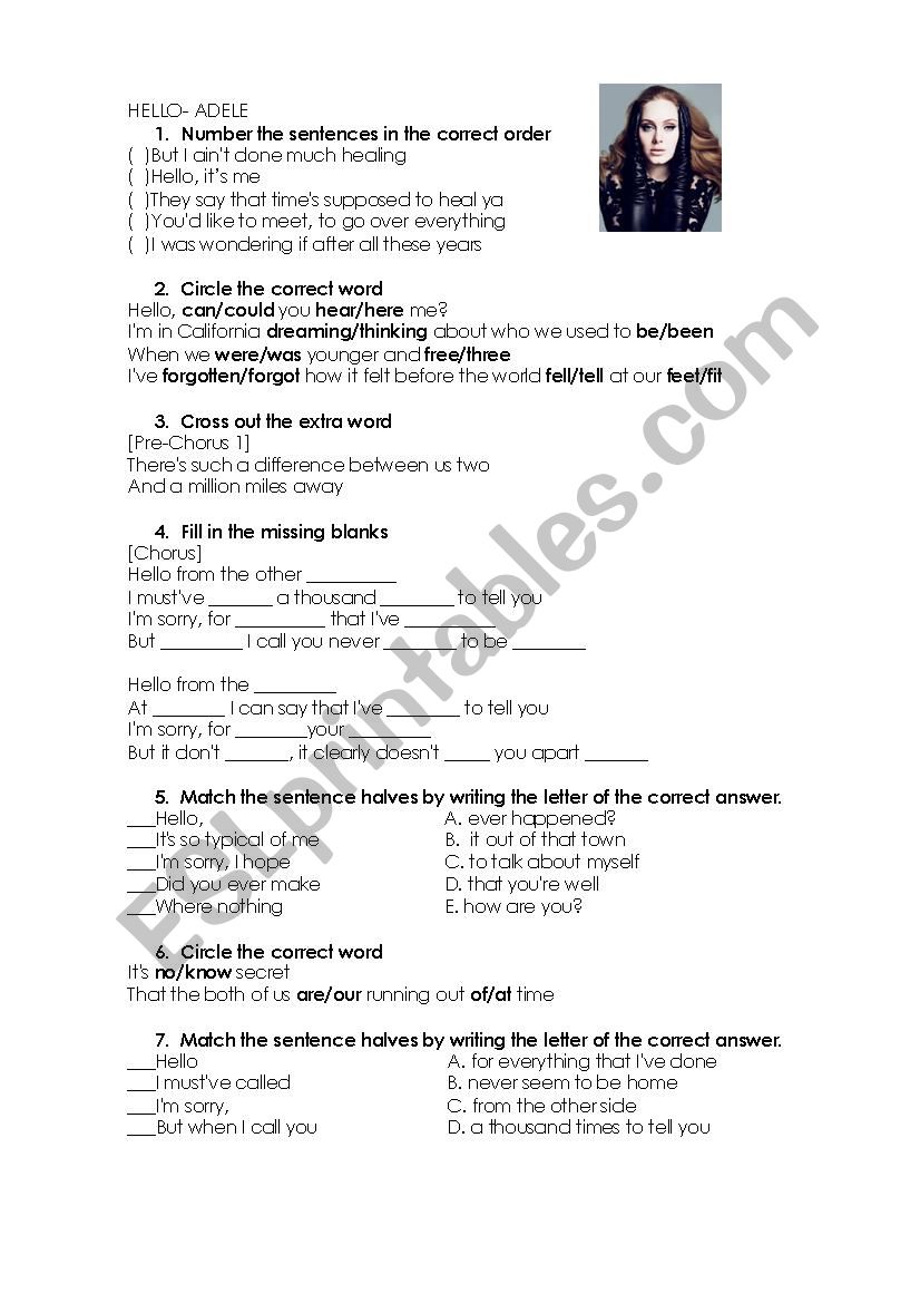 Adele - Hello worksheet