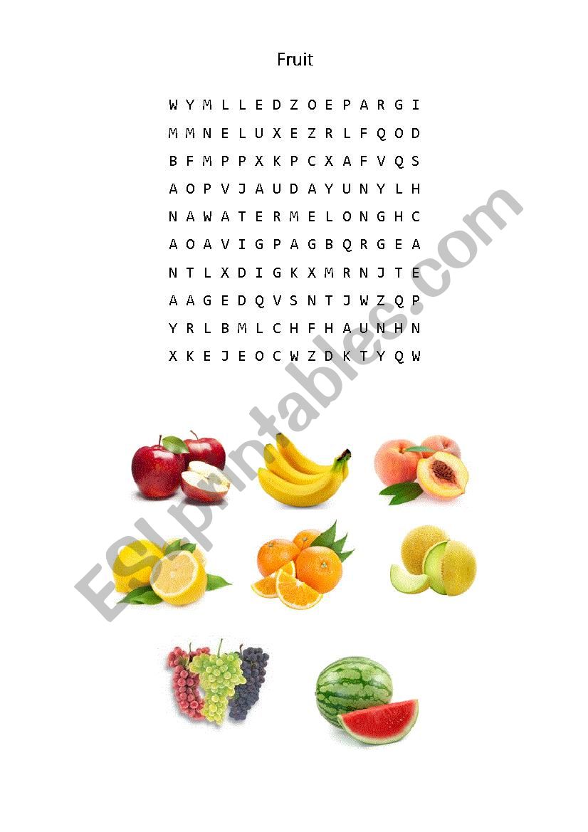 Word Search Game About Fruit worksheet