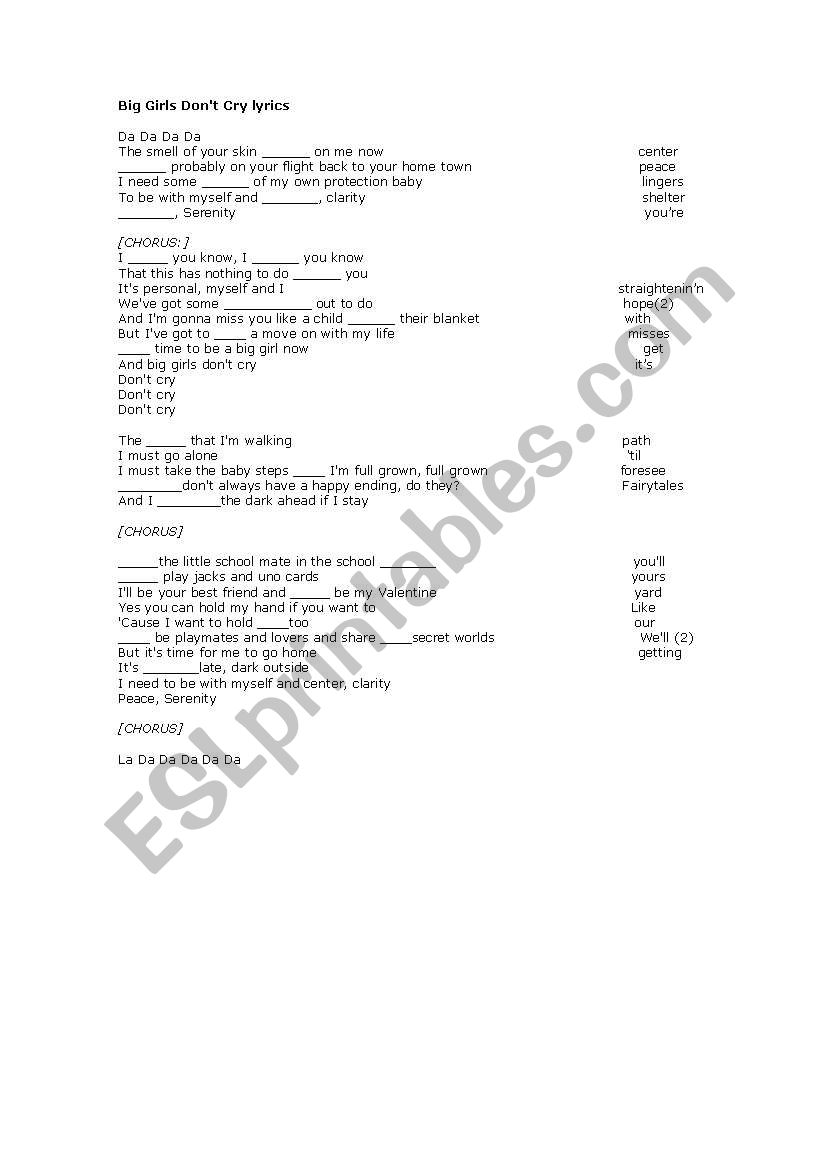 big girls dont cry song worksheet