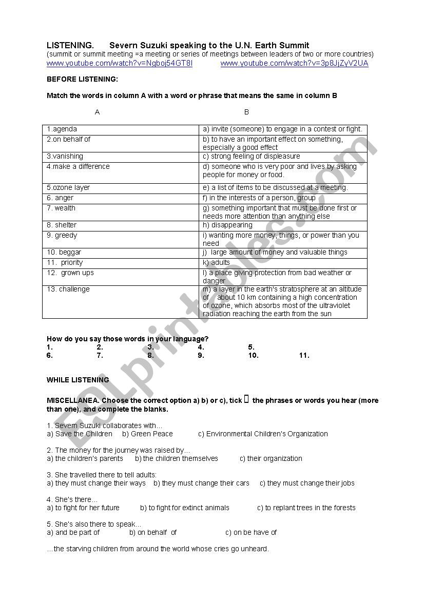 Environment Severn Suzuki  worksheet