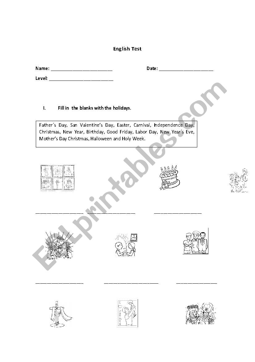 holidays worksheet