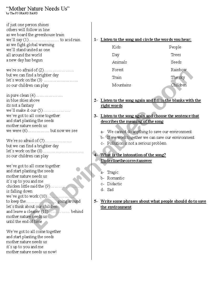 environmental song  worksheet