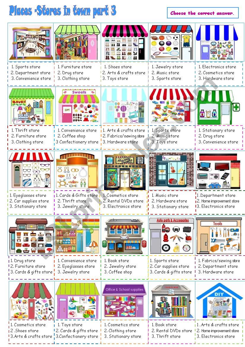 Places_Stores in town Part 3 - ESL worksheet by Sunshinenikki