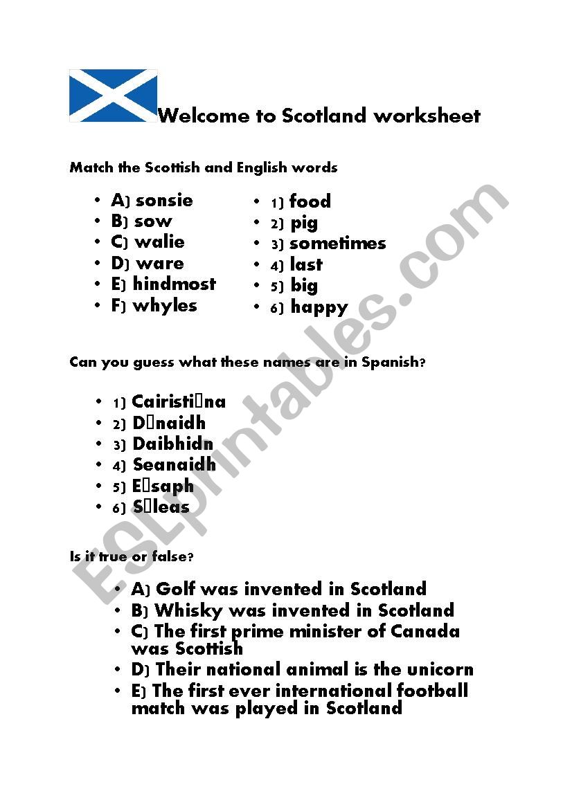 Welcome to Scotland worksheet